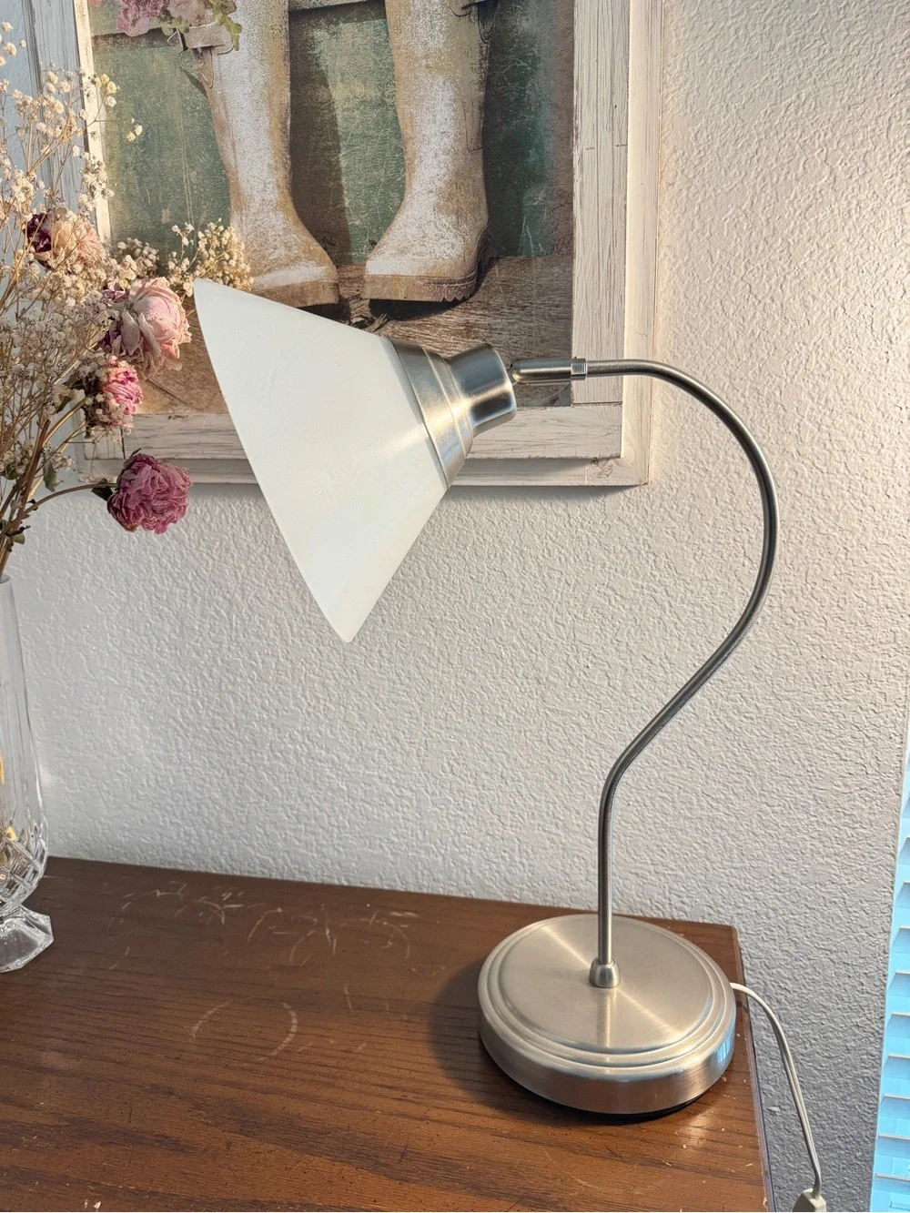 Vintage MCM IKEA Kroby Table Desk Lamp Milk Glass Brushed Nickle Finish